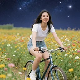 happy beautiful android woman cycling through interstellar flowers field