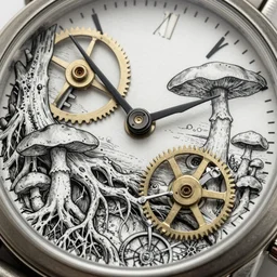 detailed view from inside wet ink a clockwork watch bone landscape, entangled roots covered in mushrooms, cracked earth, growing living spore microorganisms, decaying, rusty, hyper realistic photo, full colour, upscale, 8 k