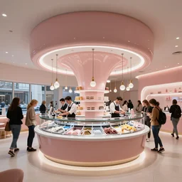 busy ice cream cafe interior by zaha hadid, highly detailed, scoop bar, architectural digest, archdaily, sharp focus, kodak ektar 1 0 0, cooke lens 2 2 mm f 1. 8, architectural photography