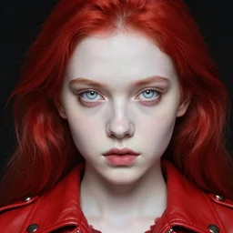head and shoulders photo of a young girl in a red leather jacket, pale skin, piercing pale eyes, red hair, vibrant color, high detail, masterpiece by artgerm, craig mullins, ruan jia, peter mohrbacher, caravaggio