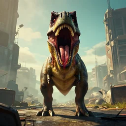 front view of a roaring dinosaur, saliva, gta v screenshot, cyber punk, symmetry, post apocalyptic setting