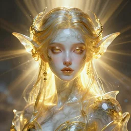a frontal face portrait of transparent and beautiful elegant elemental  female nerd entity, made of marble and gold + Ultra realistic! 25mm f/1.7 ASPH Lens  + dissolving in to light + backlit + incredible lighting+ strong rim light + highly detailed + god rays + digital painting + HDRI, by Alvaro Castagnet, Peter Mohrbacher and Dan Mumford, vivid colors, high contrast, 8k resolution, intricate, photorealistic, smooth