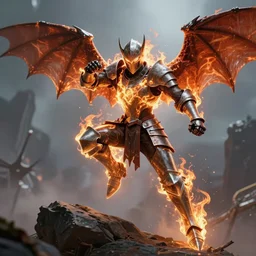 burning, platemail-wearing, knight with two bat wings and glowing eyes leaping off a rock preparing to throw a punch, ultimate detail, cinematic, 8k, digital fantasy art by Steve Argyle and Jason Chan, cgsociety, trending on artstation, video game cover art, smooth, sharp focus