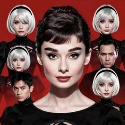 highly detailed portrait of audrey hepburn, by Dustin Nguyen, Akihiko Yoshida, Greg Tocchini, Greg Rutkowski, Cliff Chiang, 4k resolution, nier:automata inspired, bravely default inspired, vibrant but dreary red, black and white color scheme!!!