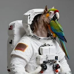 extremely realistic digital of an astronaut with a horse - headed parrot sitting on his shoulder
