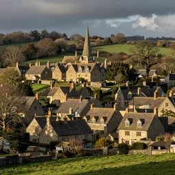 realistic photo of a town, settlement, buildings, detailed scenery, old english time period