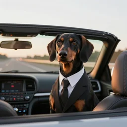 daschund dog with hair and suit like saul goodman driving a convertible down a highway while the sun is setting