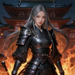 portrait jisoo blackpink samurai girl, grey hair armored samurai clothes, in fire japanese temple wet night, ssci - fi and fantasy, intricate and very very beautiful and elegant, highly detailed, digital painting, artstation, concept art, smooth and sharp focus, illustration, art by tian zi and wlop and alphonse mucha