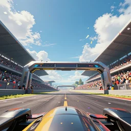 cinematic low angle wide angle shot worms eye view of a realistic futuristic vehicle racetrack finish line with confetti on a sunny day with a clear blue cloudy sky angled toward sky, cyberpunk, digital painting, good value control, crowded stands, rule of thirds, golden ratio, horizon line focus, sharp focus, fourze, realistic textures, f zero, speed racer movie, 8 k