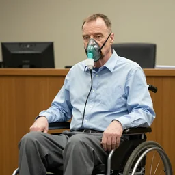 walter white with no beard, wearing an oxygen mask, sitting in a wheelchair in a courtroom. photography by annie liebowitz