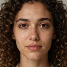 portrait photo of woman with curly hair, close - up shot, symmetrical face, symmetrical detailed defined eyes, sad slight smile, a water tear below the right eye
