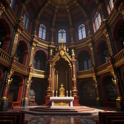 minecraft build of a detailed interior of a domed cathedral with deep red black and gold accents, elaborate altar in the center with balconies along the side