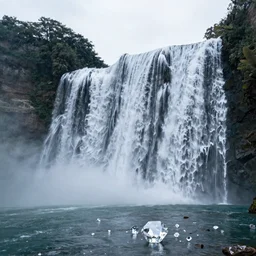 large waterfall, water turning into diamonds and falling into a lake, wide angle shot, 8K