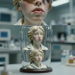 beautiful three point perspective film still of holly herndon medical lab scene in aliens, extreme closeup 3 / 4 portrait in style of frontiers in blade runner miniature photography fashion architectural art studio edition, real - life porcelain statue in victorian glass jar, pursed lips, anatomically correct, tilt shift background, sharp focus, panavision, 8 k, macro, cinematic style