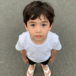 slightly strong white 2 0 years old boy, dark brown hair, short, white flip flops, white t shirt, black shorts, dark brown eyes, wide dark eyebrows, small eyes, big straight nose, small pink lips,