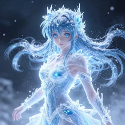 photorealistic full shot of masterpiece anime girl, lovely eyes, posing, electric aura with particles, snowing frozen ice, darkness background, inspired by masami kurumada, akira toriyama, detailed, bokeh, unreal engine 4 k, volumetric light, fog