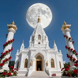 A beautiful temple of the Goddess of the Moon, white and red roses, one pillar on each side, moonlit, vibrant colors, by andreas rocha and john howe, and Martin Johnson Heade, featured on artstation, featured on behance, golden ratio, ultrawide angle, f32, well composed, rule of thirds, center spotlight, low angle view