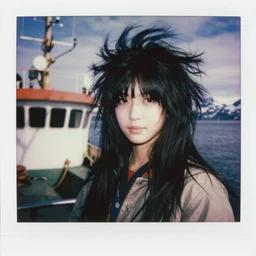 black - haired girl with wild spiky black saiyan hair with long bangs over her eyes, hair covering eyes, wearing casual clothing, standing on an alaskan fishing vessel, mekoryuk, alaska, 1 9 6 5, polaroid, kodachrome, grainy photograph