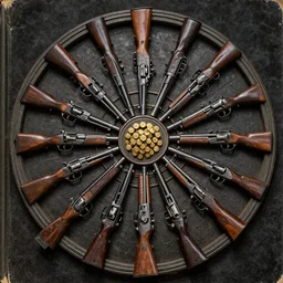symmetrical concentric circle of machine guns shotguns rifles revolvers bullets, dark vintage paperback cover, ultra-realistic, intricate fluid details,