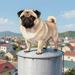 a giant pug standing on top of a water tank, in a small town, painted by greg rutkowski and noriyoshi ohrai and michael kaluta, 8 k, high quality