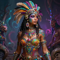 hyper detailed ultra sharp aztec shaman warrior trance girl. trending on artstation, warpaint aesthetic, bloodwave, colorful, psychedelic, ornate, intricate, digital painting, concept art, smooth, sharp focus, illustration, art by artgerm and greg rutkowski and h. r. giger, 8 k