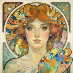 The Goddess of Life and Creation, beautiful eyes, symmetrical face, paint, ink, palettes, spectrum, in the style of Joshua Middleton, Mucha, Kandinsky
