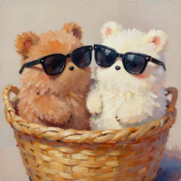 highly detailed painting of cute furry furbys wearing shades cuddling up in a basket by william turner, thick brush strokes and visible paint layers, 4 k resolution