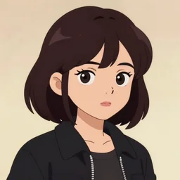 portrait of a girl with short dark hair in a black jacket, in the style of the cartoon daria