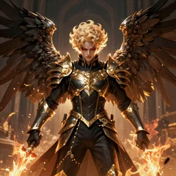 digital art of a pale menacing Angel of Battle with fluffy blond curls of hair and piercing red eyes, central composition, gilded black uniform, he commands the fiery power of resonance and wrath, by WLOP, Artstation, CGsociety