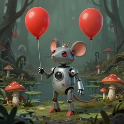 adventurer ( ( ( ( ( 9 5 0 s retro future robot android mouse holding a red balloon. muted colors. spooky swamp mushrooms island, lillie pads ) ) ) ) ) by jean baptiste monge!!!!!!!!!!!!!!!!!!!!!!!!! chrome red