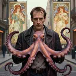 , h p lovecraft with octopus tentacles hyperrealistic portrait, bladerunner street, art of elysium by jeremy mann and alphonse mucha and greg rutkowski, fantasy art, photo realistic, dynamic lighting, artstation, poster, volumetric lighting, very detailed face, 4 k, award winning