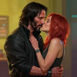 a cyberpunk 2077 couple portrait of Keanu Reeves as Johnny Silverhand and female V in daily life ,love story, pray, hug, hold, kiss, film lighting, by Josan Gonzalez,Andrei Riabovitchev, Tom Bagshaw,Laurie Greasley, Dan Mumford, John Wick, Speed, Replicas, Destination Wedding, The Lake House, artstation, full of color, Digital painting, face enhance, highly detailed,8K, octane, golden ratio, cinematic lighting