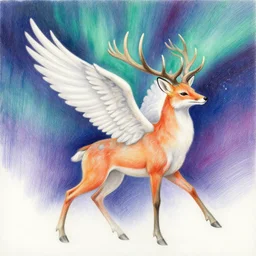a colored - pencil oil drawing of a auroral cosmic hyperspace winged deer fox griffon in the stargate portal in a vast purple desert, vibrant sci - fi oil painting, highly detailed fantasy scenery