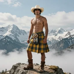 a homoerotic portrait by greg rutkowski and albert bierstadt of a shirtless handsome desi hiker on a mountain peak | he is wearing a revealing yellow tartan kilt, cowboy hat, and leather boots | background is snowy mountains and clouds | detailed face, ethereal, dreamlike | trending on artstation