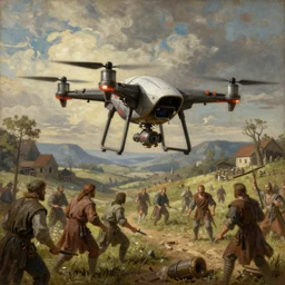 A painting of (((quadrocopter))) attack peasant, medieval graphic, high detailed, codex