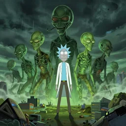 aliens invading earth, in the style of rick and morty
