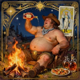a dramatic, epic, ethereal tarot painting of a (!!!!!!handsome!!!!!!) thicc chunky beefy mischievous shirtless with a big beer belly wearing a large belt and bandana offering a whiskey bottle | he is a cowboy relaxing by a campfire | background is a late night with food and jugs of whisky | homoerotic | stars, tarot card, art deco, art nouveau, intricate | by Mark Maggiori (((and Alphonse Mucha))) | trending on artstation