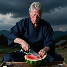 bill clinton with a katana,cutting a watermelon, Tokugawa style, detailed, dramatic