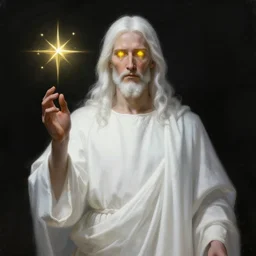 « full length portrait of the white - haired jesus in a white robe and flaming yellow eyes, seven stars in right hand, grim - lighting, high - contrast, intricate, elegant, highly detailed, digital painting, artstation, concept art, smooth, sharp focus, illustration »