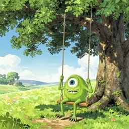 mike wazowski sitting on a swing by a large oak tree, beautiful landscape, vivid colors, by robert kondo, concept art