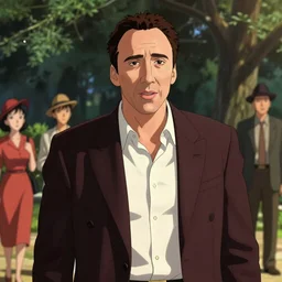 portrait of a beautiful Nicolas Cage with dark hair dressed in 1940\'s fashion, park background, rich vivid colors, ambient lighting, dynamic lighting, 4k, official media, anime key visual, makoto shinkai, ilya kuvshinov, lois van baarle, rossdraws, detailed, trending on artstation