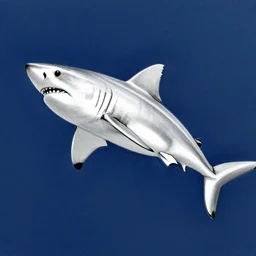 pencil sketch of grate white shark hunting, dark blue colors with white elements