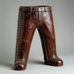realistic photo of a a old wooden sculpture object of a pants made of dark old cherry wood, covered with tiny brass spikes 1 9 9 0, life magazine reportage photo, natural colors