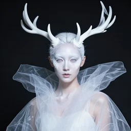high fashion photography of a model in neo futurism white sci - fi makup wearing antlers, transparent cloth, beautifully lit