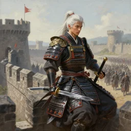 A highly detailed painting of a male warrior on a castle wall overlooking the approaching army by Craig Mullins and Marc Simonetti, two swords, white hair, young man, samurai armour, trending on artstation, 4k, octane render, unreal engine,