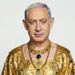 a portrait of feminine benjamin netanyahu in gold garbs and jewels, by gustave klimt