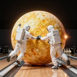two astronauts bowling on the sun, wide angle lens