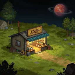 outside a general store, in a small remote outpost, on a remote planet, cyberpunk style, from a point and click 2 d graphic adventure game, set design inspired slightly by tomb raider, art inspired by [ [ thomas kinkade ] ] and [ mark keathley ]