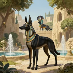 full body photo of anthropomorphic black egyptian jackal in a beautiful limestone city, lush trees, water fountains, deep focus, highly detailed, digital painting, artstation, concept art, matte, sharp focus, illustration, art by artgerm and greg rutkowski and alphonse mucha