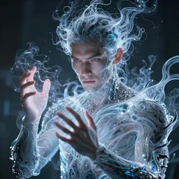 a powerful psychic man emitting psychic powers, detailed, highly detailed, aesthetic, highly aesthetic, crisp and clear, in focus, intricate, dystopian, cyber aesthetic, by Aly Fell, Aly Fell art,